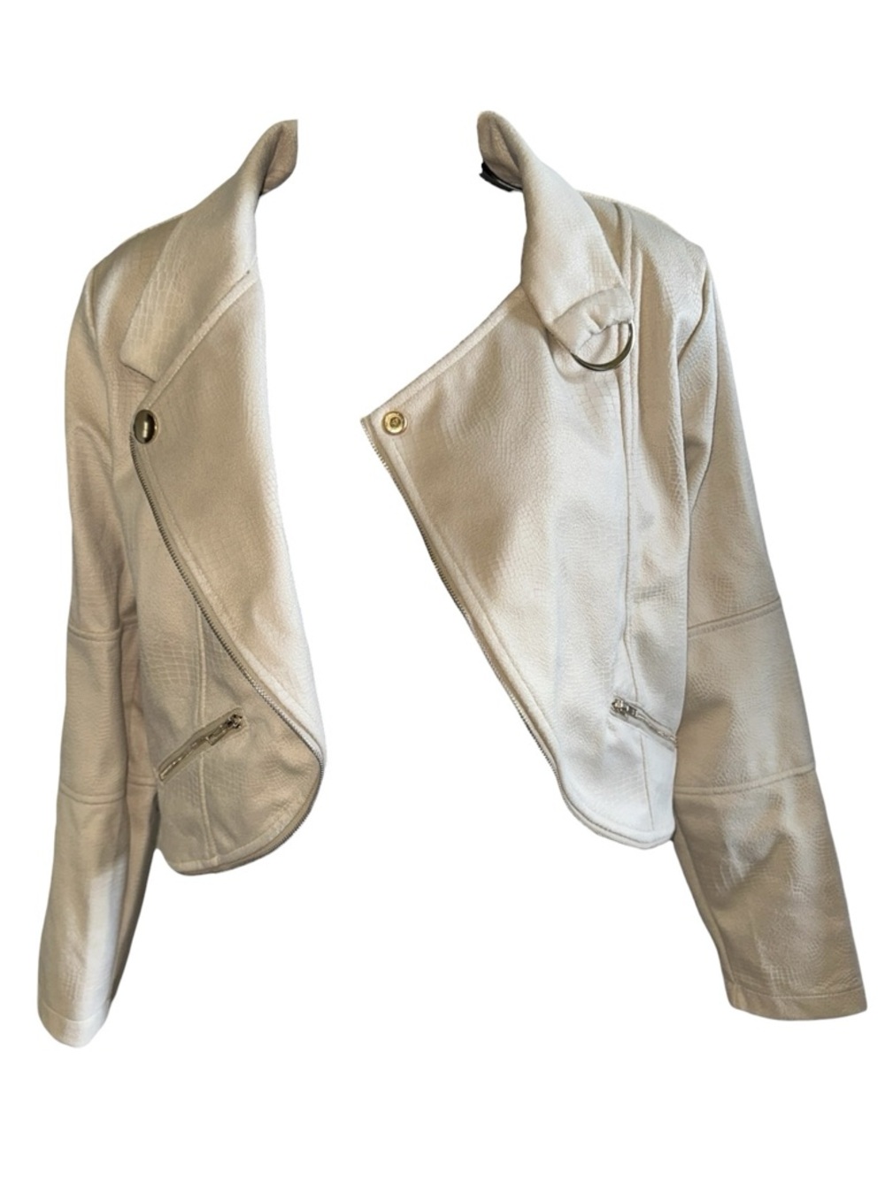 Women’s Blu Pepper Cream Cropped Moto  Textured Faux Leather Jacket - S